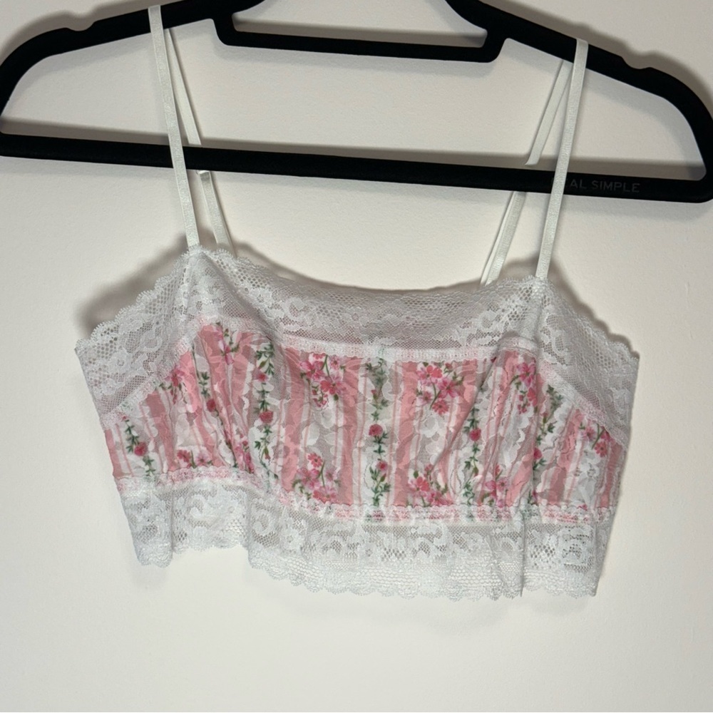 Hanky Panky White and Pink Floral Printed Lace Crop Camisole Size L